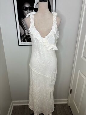 White Ruffled V-Neck linen Maxi Dress